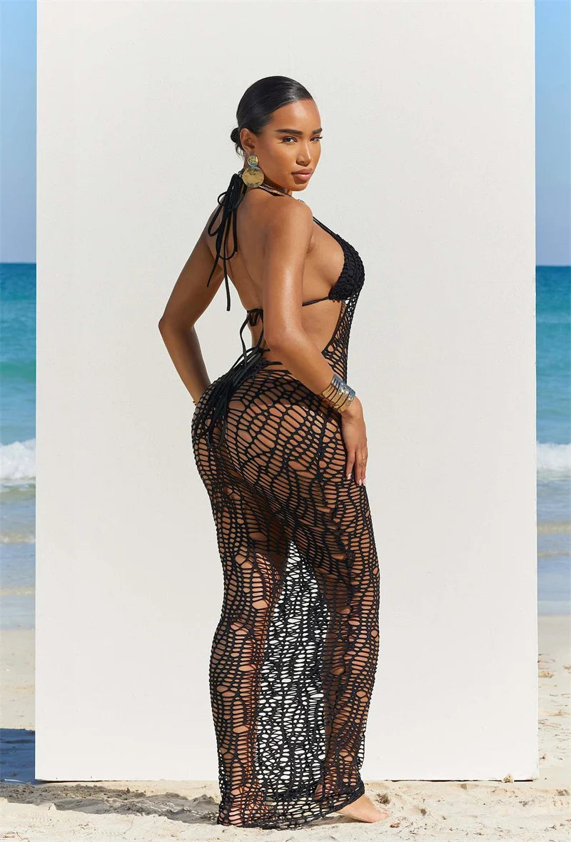 Ensemble de bikini sexy en 3 pièces pour femmes, robe longue de couverture sans dos, en maille à découpe, haut de soutien-gorge noué derrière le cou + maillot de bain culotte.