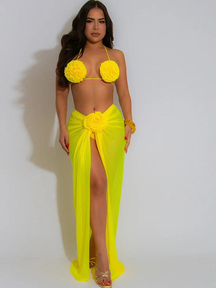 Ensemble de bikini 3 pièces pour femmes Beyprern en bleu royal avec fleur