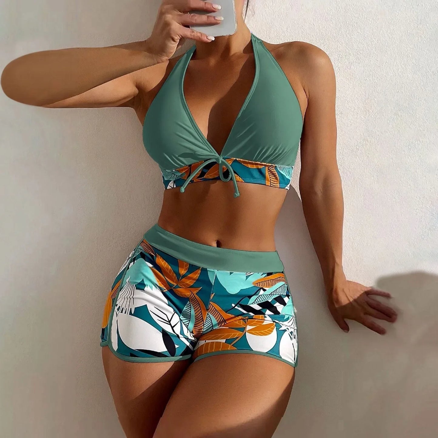 Ensemble de bikini court à taille haute maillot de bain femmes vêtement de bain 2 pièces imprimé plantes maillots de bain vêtement de plage