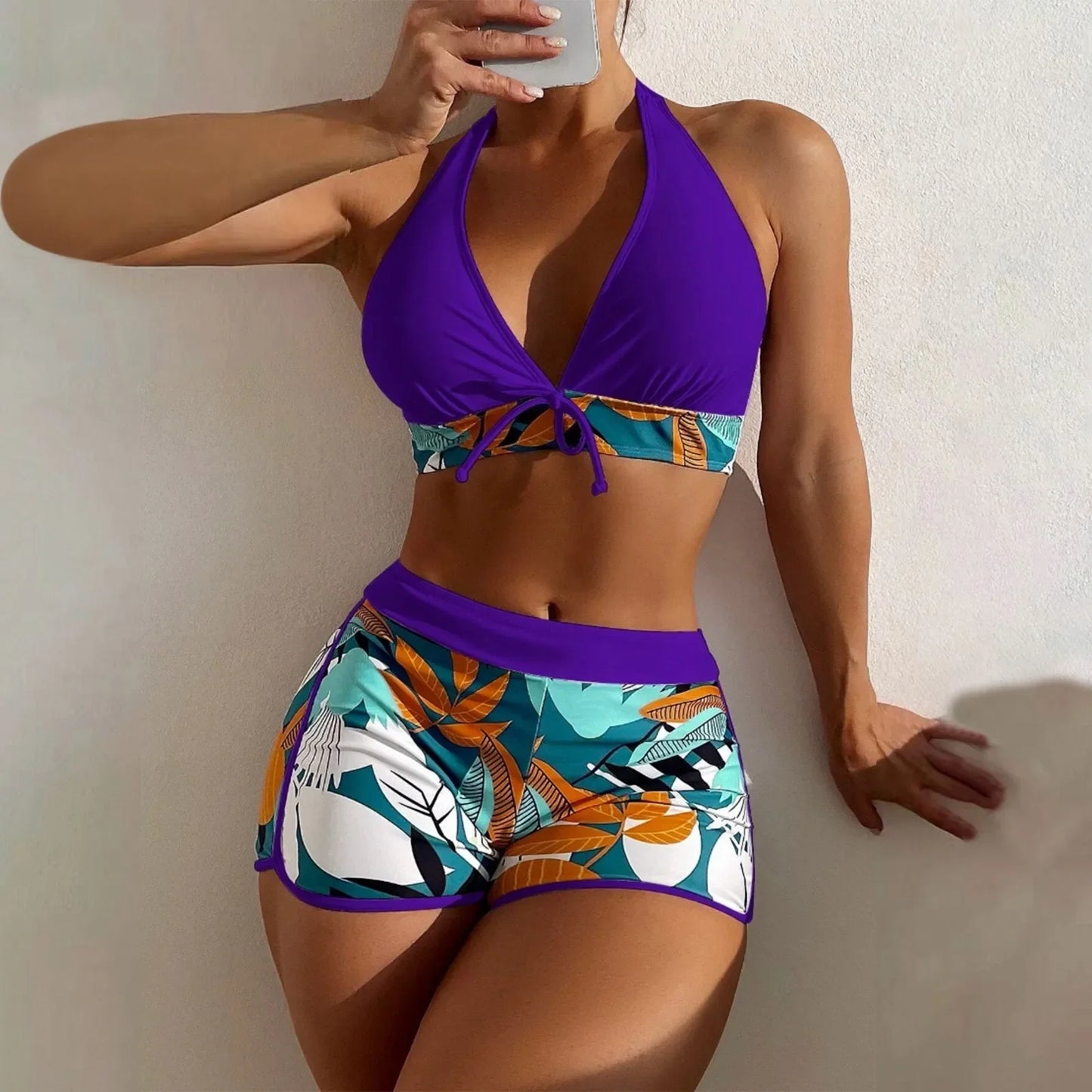 Ensemble de bikini court à taille haute maillot de bain femmes vêtement de bain 2 pièces imprimé plantes maillots de bain vêtement de plage