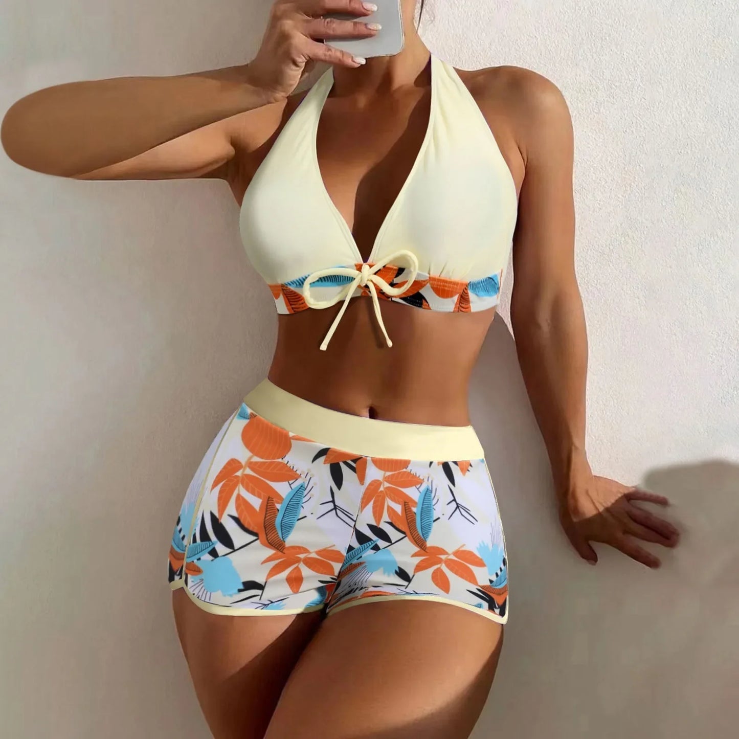 Ensemble de bikini court à taille haute maillot de bain femmes vêtement de bain 2 pièces imprimé plantes maillots de bain vêtement de plage