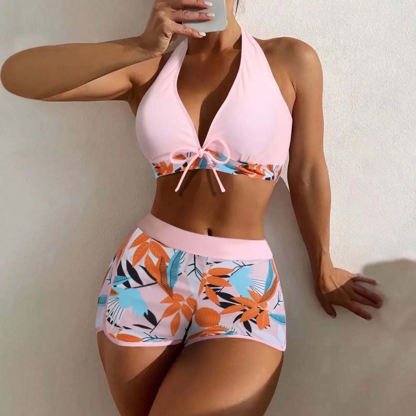 Ensemble de bikini court à taille haute maillot de bain femmes vêtement de bain 2 pièces imprimé plantes maillots de bain vêtement de plage