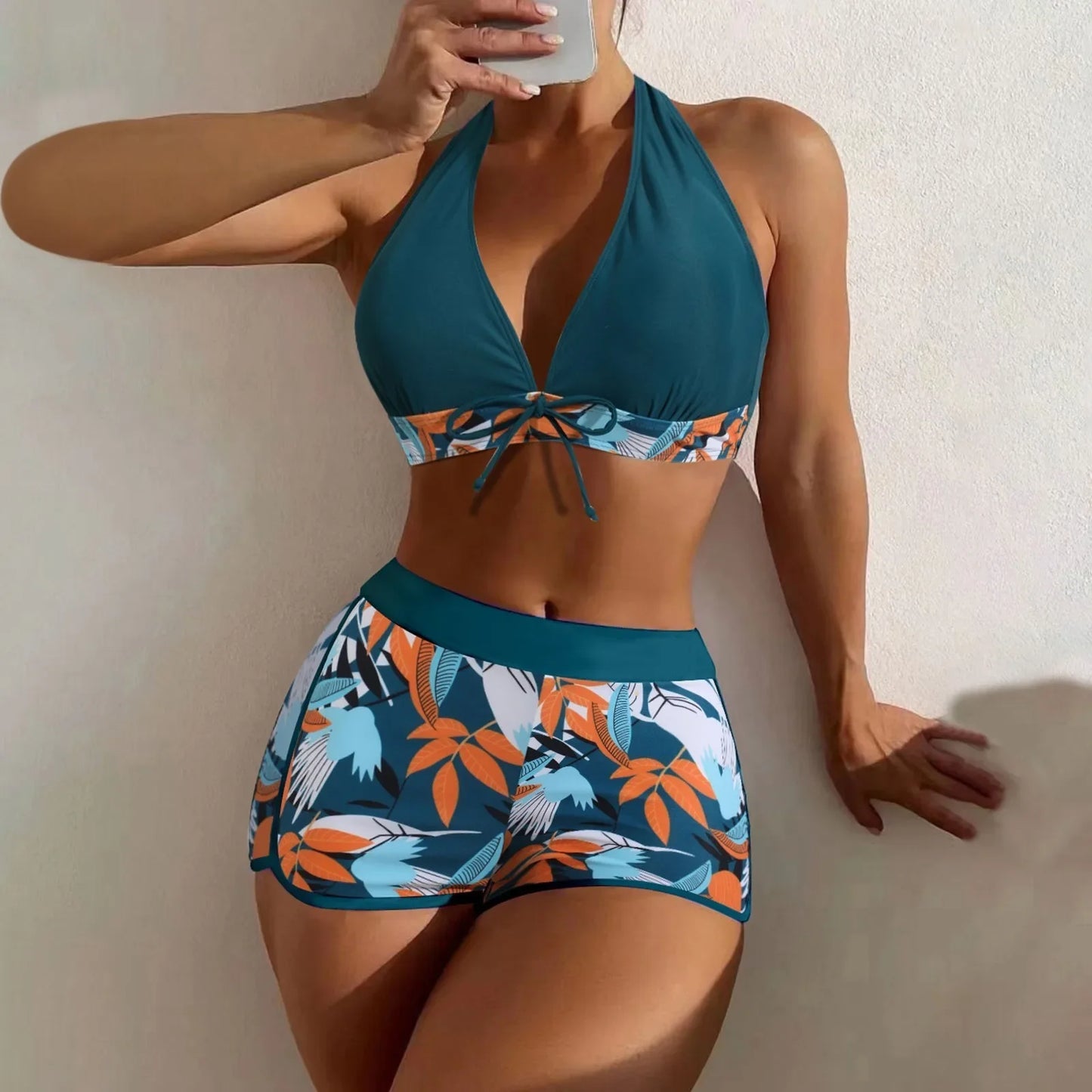 Ensemble de bikini court à taille haute maillot de bain femmes vêtement de bain 2 pièces imprimé plantes maillots de bain vêtement de plage