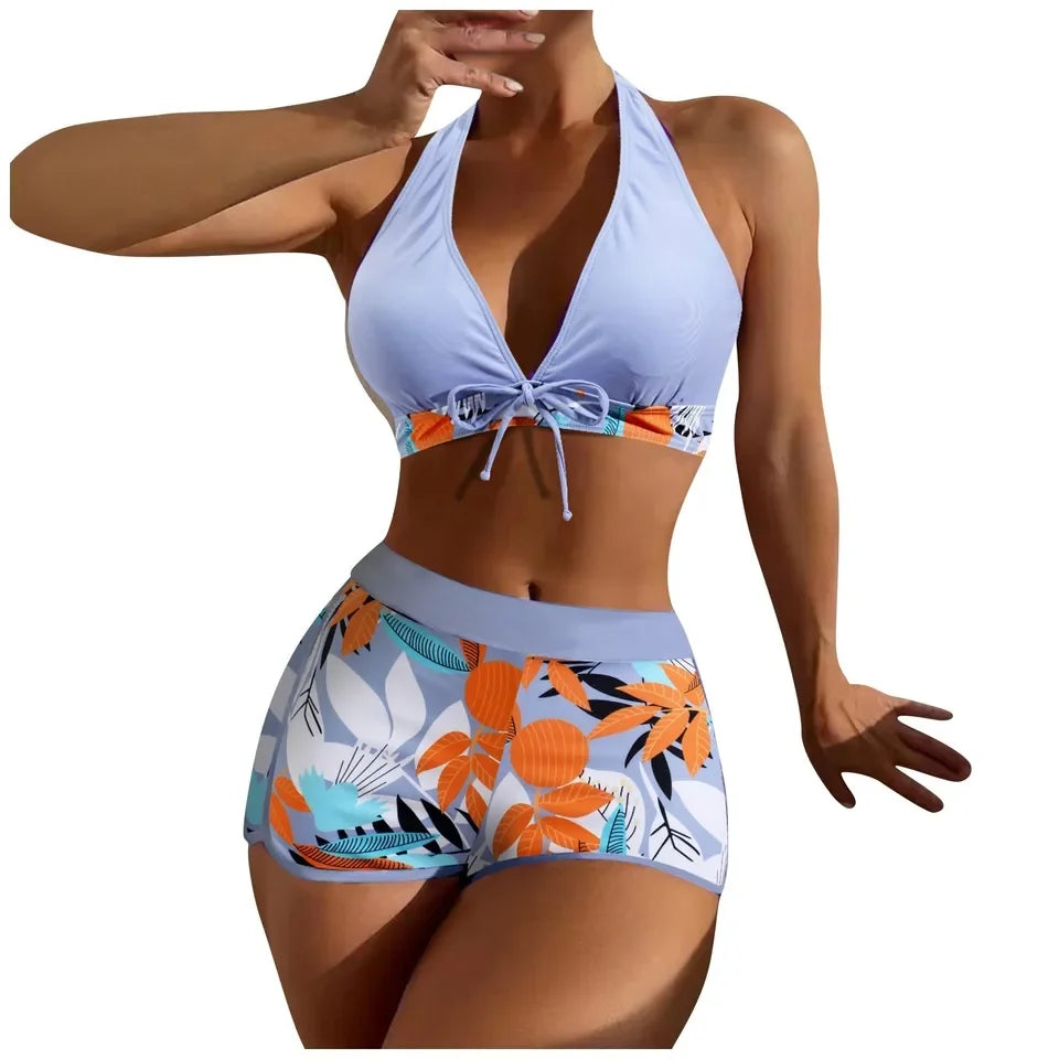 Ensemble de bikini court à taille haute maillot de bain femmes vêtement de bain 2 pièces imprimé plantes maillots de bain vêtement de plage