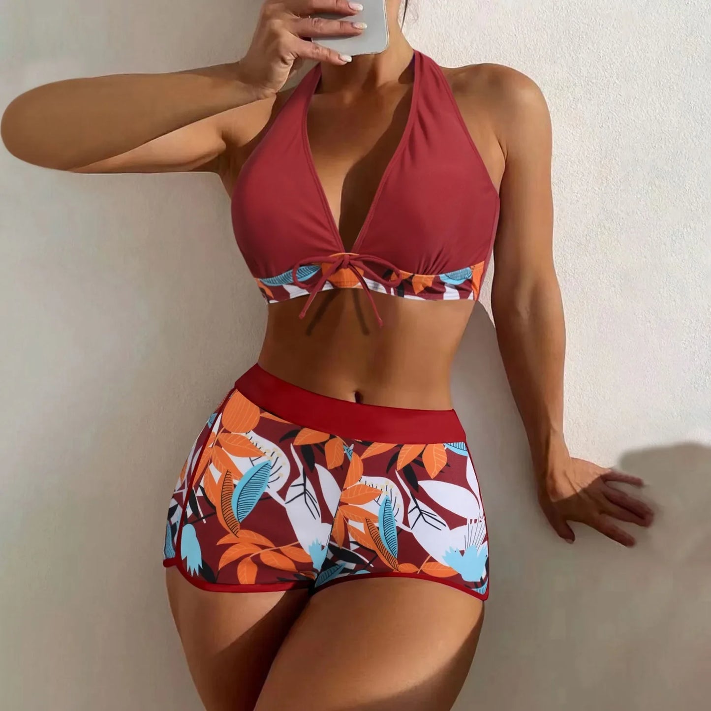 Ensemble de bikini court à taille haute maillot de bain femmes vêtement de bain 2 pièces imprimé plantes maillots de bain vêtement de plage