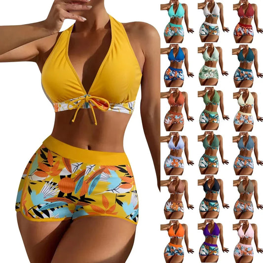 Ensemble de bikini court à taille haute maillot de bain femmes vêtement de bain 2 pièces imprimé plantes maillots de bain vêtement de plage