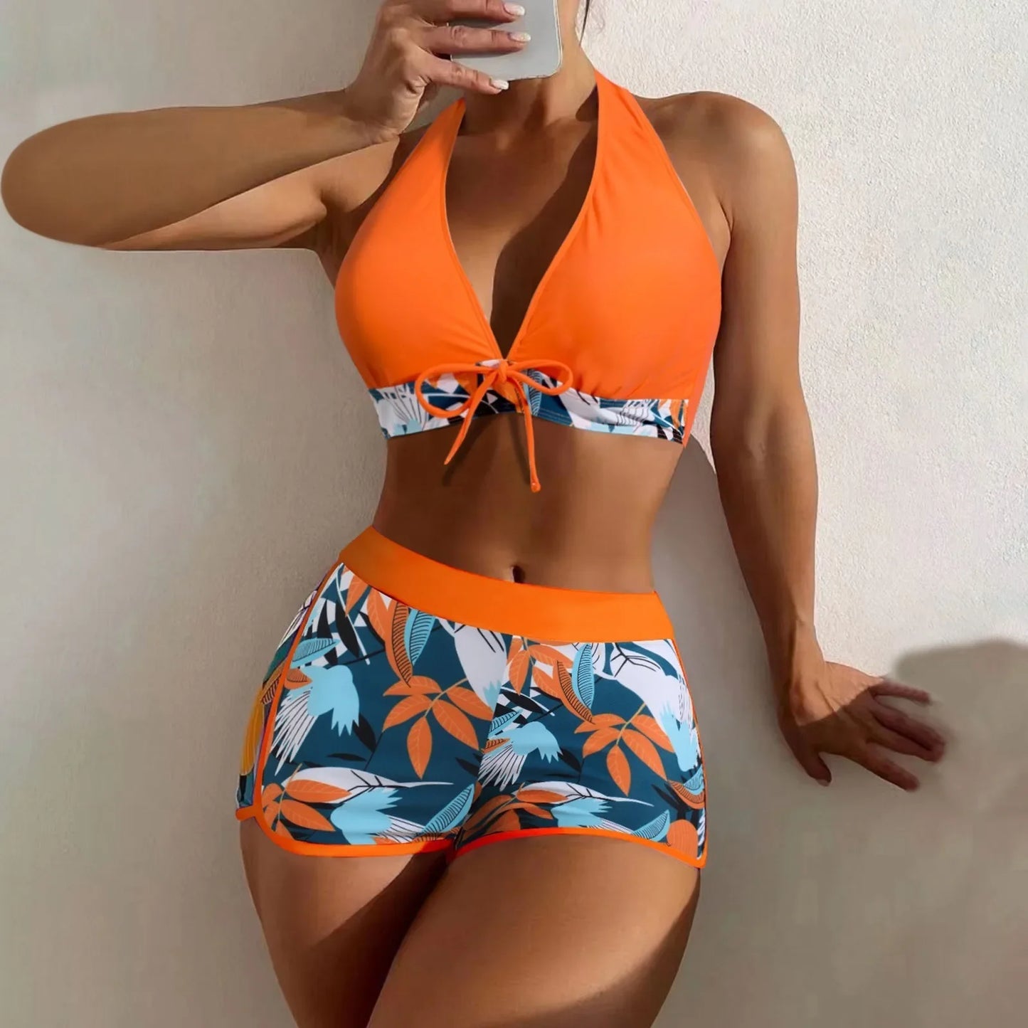 Ensemble de bikini court à taille haute maillot de bain femmes vêtement de bain 2 pièces imprimé plantes maillots de bain vêtement de plage