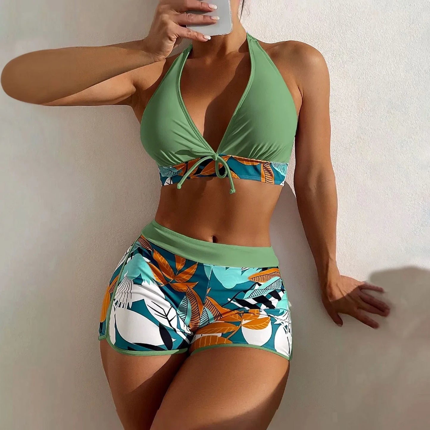 Ensemble de bikini court à taille haute maillot de bain femmes vêtement de bain 2 pièces imprimé plantes maillots de bain vêtement de plage