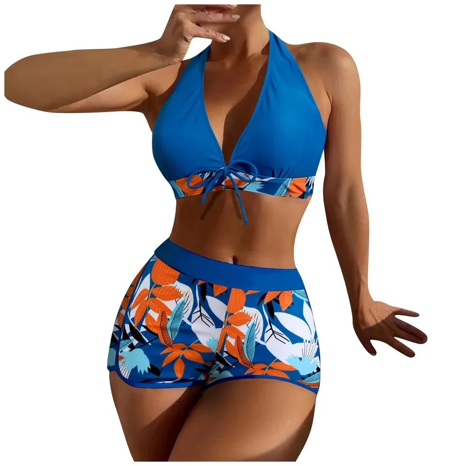 Ensemble de bikini court à taille haute maillot de bain femmes vêtement de bain 2 pièces imprimé plantes maillots de bain vêtement de plage