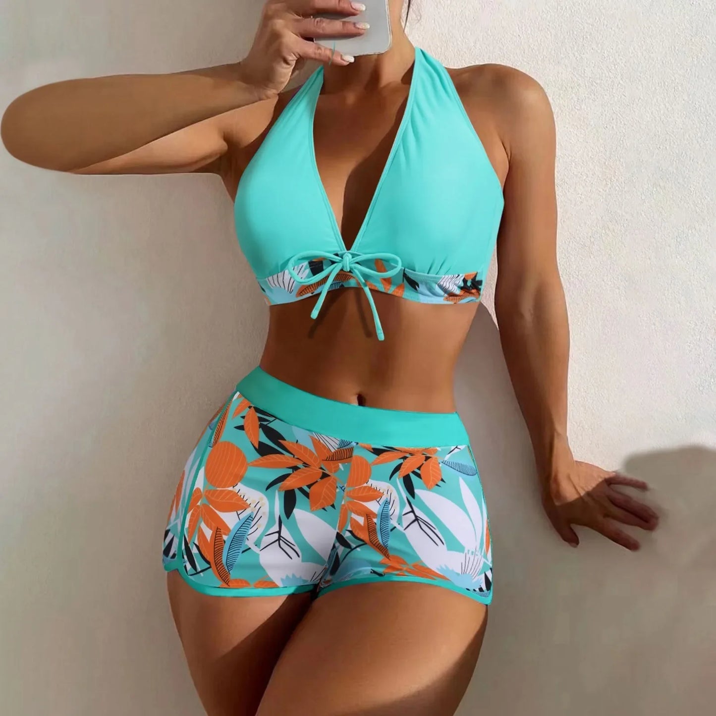 Ensemble de bikini court à taille haute maillot de bain femmes vêtement de bain 2 pièces imprimé plantes maillots de bain vêtement de plage