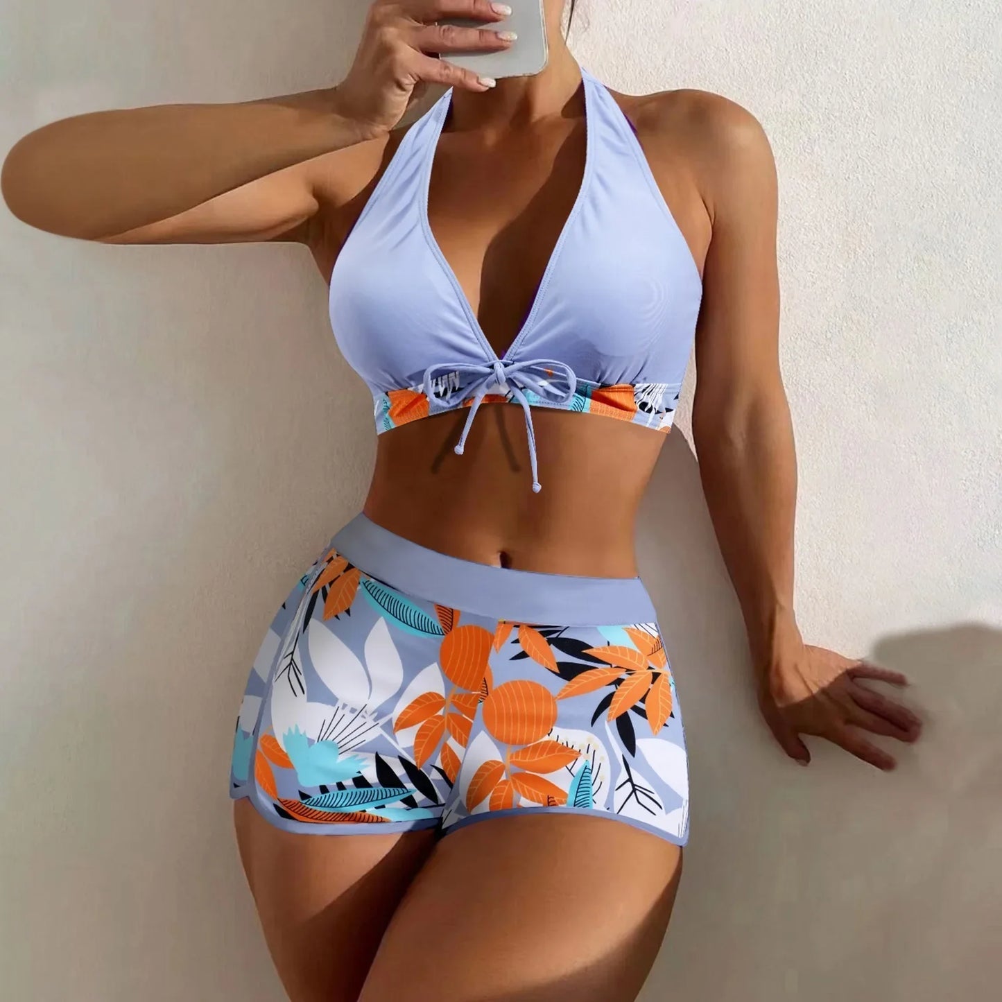 Ensemble de bikini court à taille haute maillot de bain femmes vêtement de bain 2 pièces imprimé plantes maillots de bain vêtement de plage