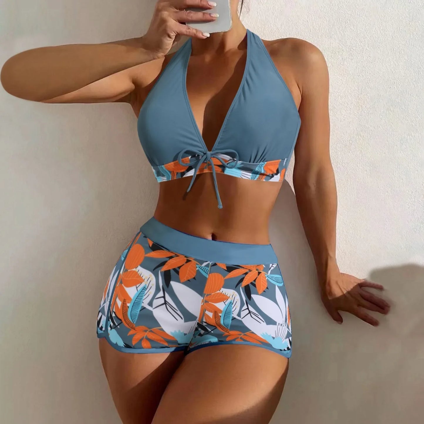 Ensemble de bikini court à taille haute maillot de bain femmes vêtement de bain 2 pièces imprimé plantes maillots de bain vêtement de plage