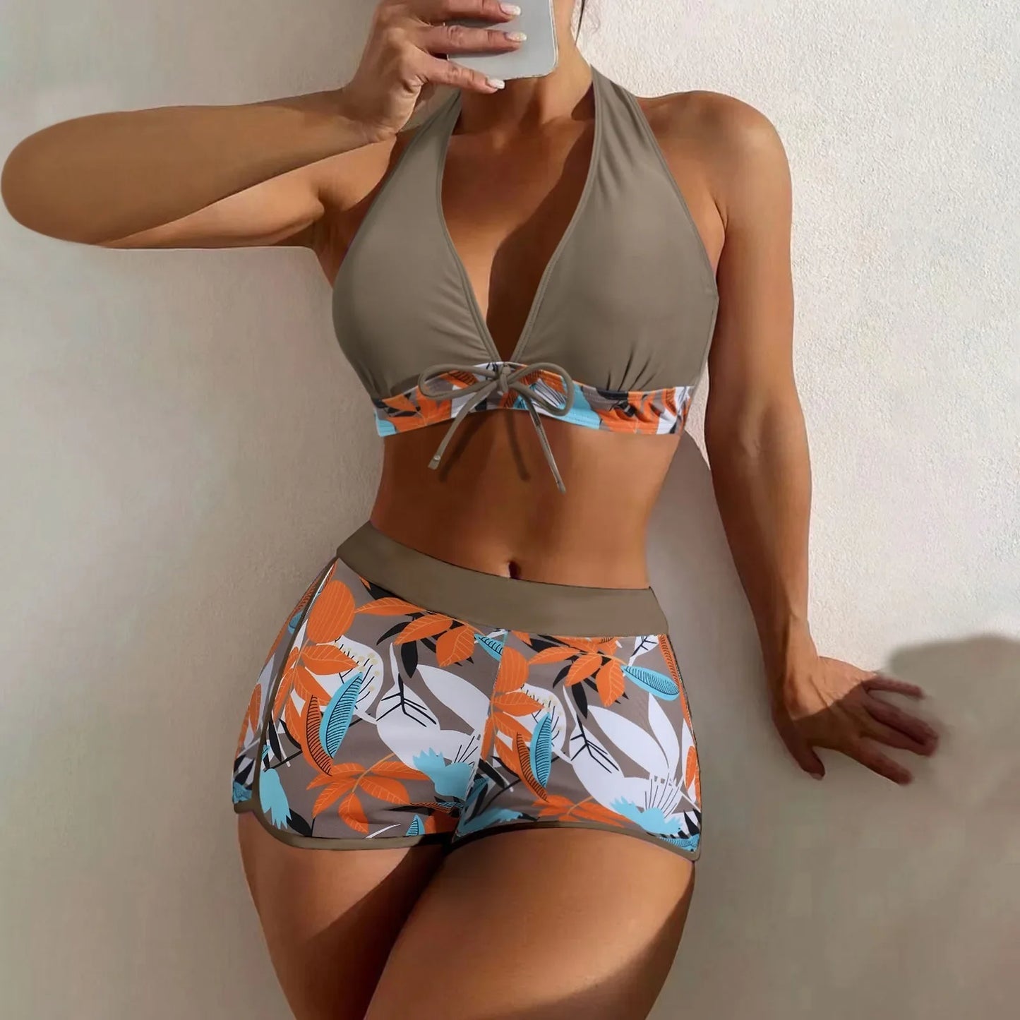 Ensemble de bikini court à taille haute maillot de bain femmes vêtement de bain 2 pièces imprimé plantes maillots de bain vêtement de plage