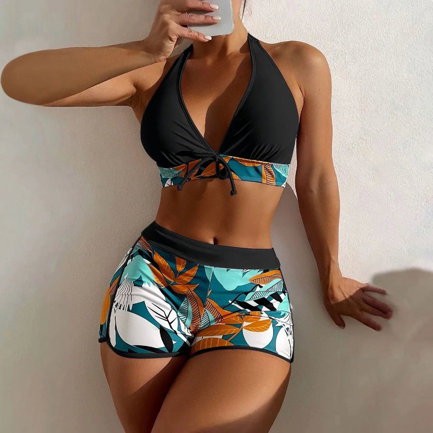 Ensemble de bikini court à taille haute maillot de bain femmes vêtement de bain 2 pièces imprimé plantes maillots de bain vêtement de plage