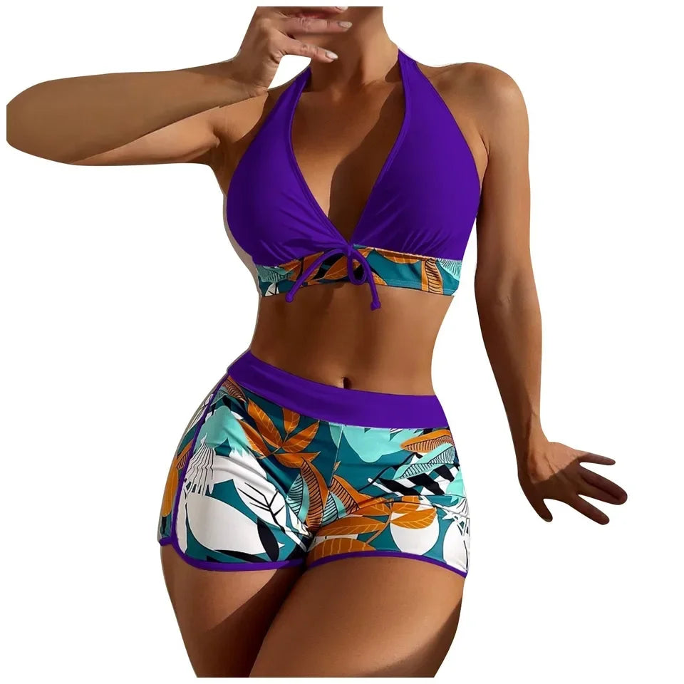 Ensemble de bikini court à taille haute maillot de bain femmes vêtement de bain 2 pièces imprimé plantes maillots de bain vêtement de plage