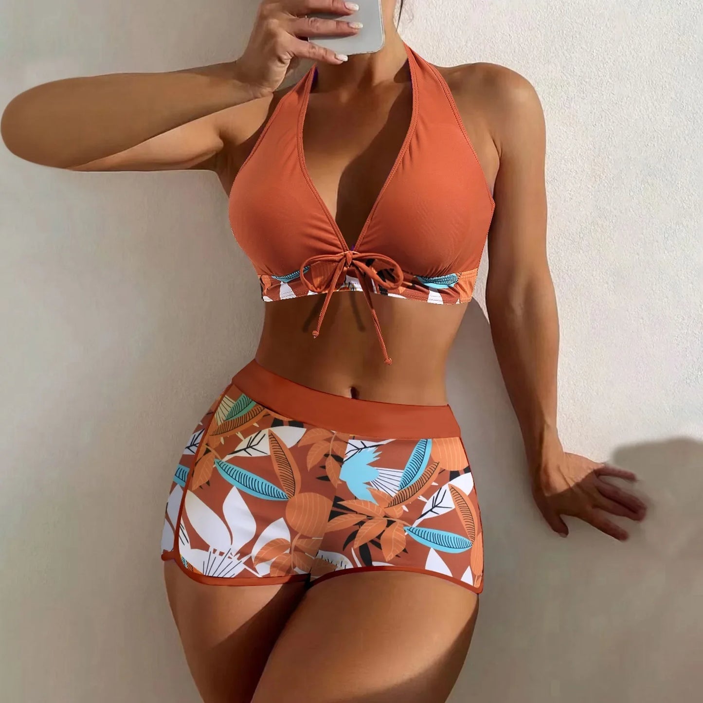Ensemble de bikini court à taille haute maillot de bain femmes vêtement de bain 2 pièces imprimé plantes maillots de bain vêtement de plage