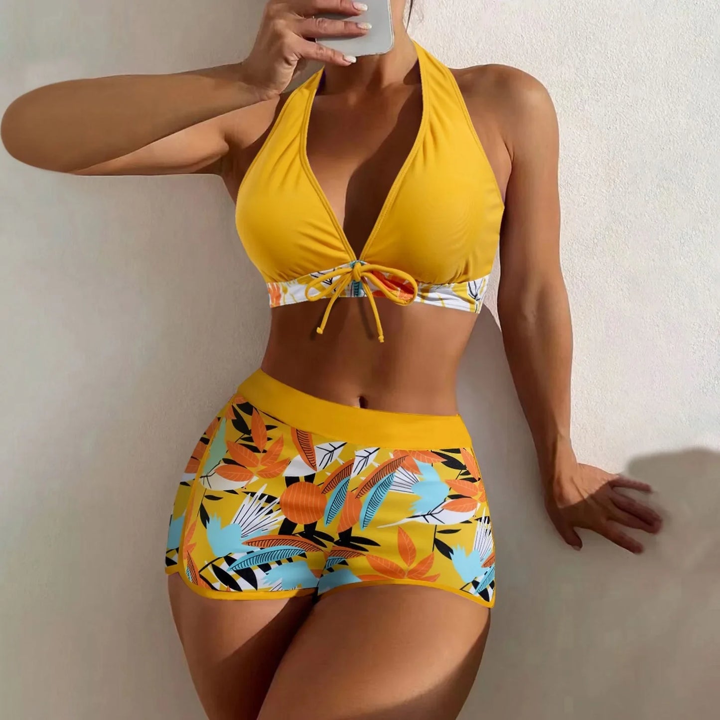 Ensemble de bikini court à taille haute maillot de bain femmes vêtement de bain 2 pièces imprimé plantes maillots de bain vêtement de plage