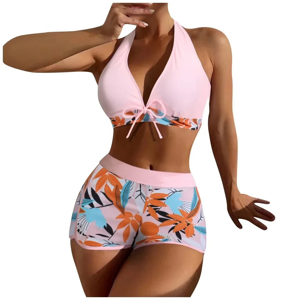 Ensemble de bikini court à taille haute maillot de bain femmes vêtement de bain 2 pièces imprimé plantes maillots de bain vêtement de plage