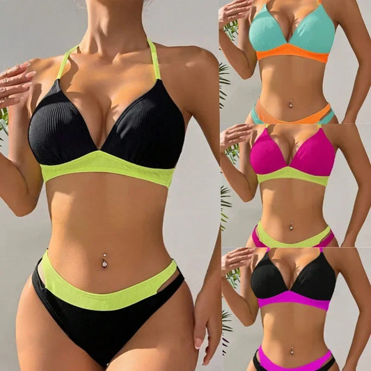 Maillot de bain bikini deux pièces pour femmes en couleur unie sexy, mode attrayante de marque chinoise, vêtements de plage à la mode.