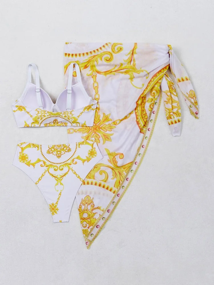 Femmes en bikini Maillot de bain 2025 Nouveau bikini imprimé à encolure halter Ensemble sexy taille haute Maillot de bain trois pièces avec paréo Vêtements de bain féminin