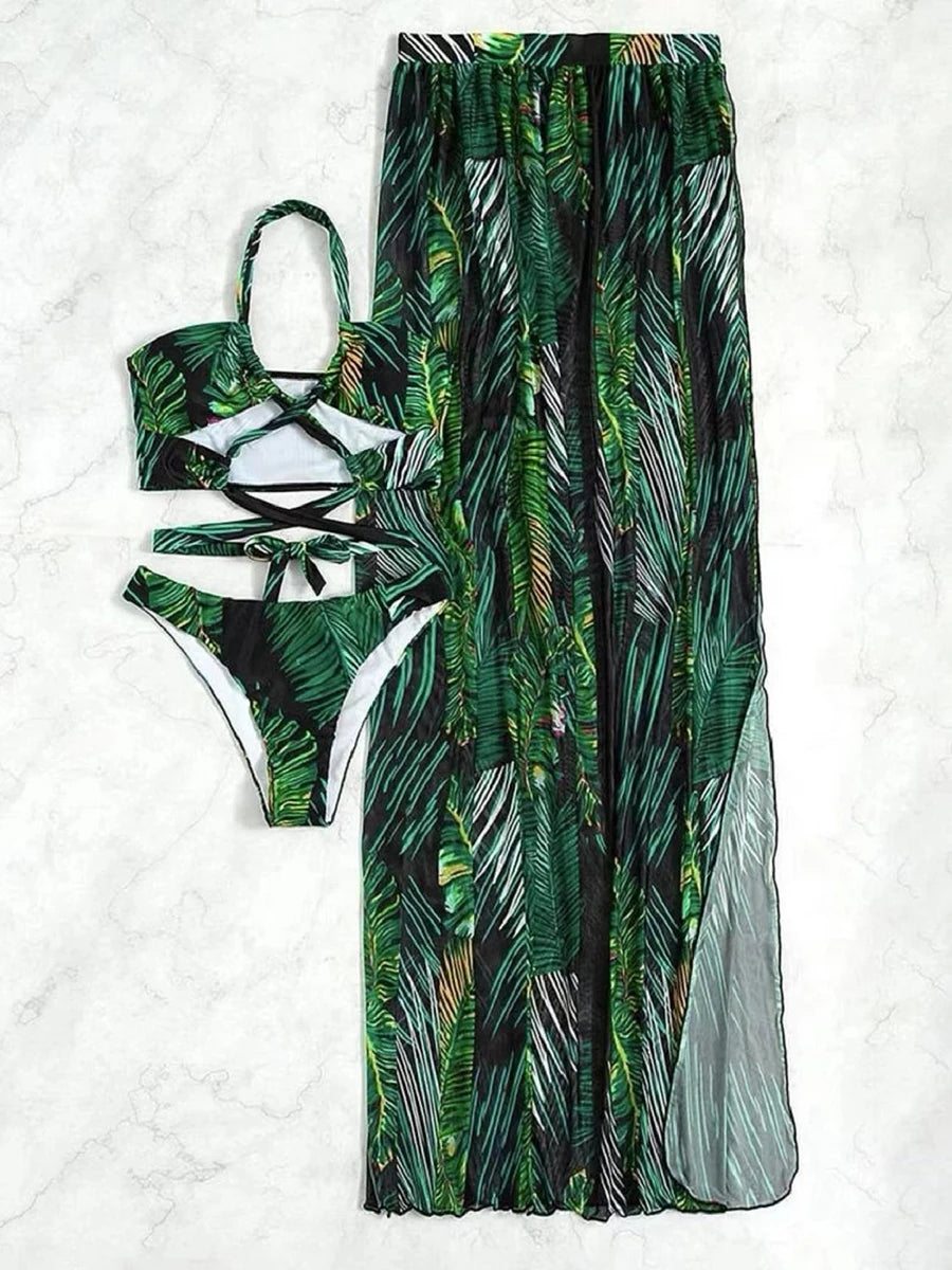 Bikinis 3 pièces Halter 2025 maillot de bain bandage et robe de plage maillots de bain sexy femmes vêtements de bain maillot