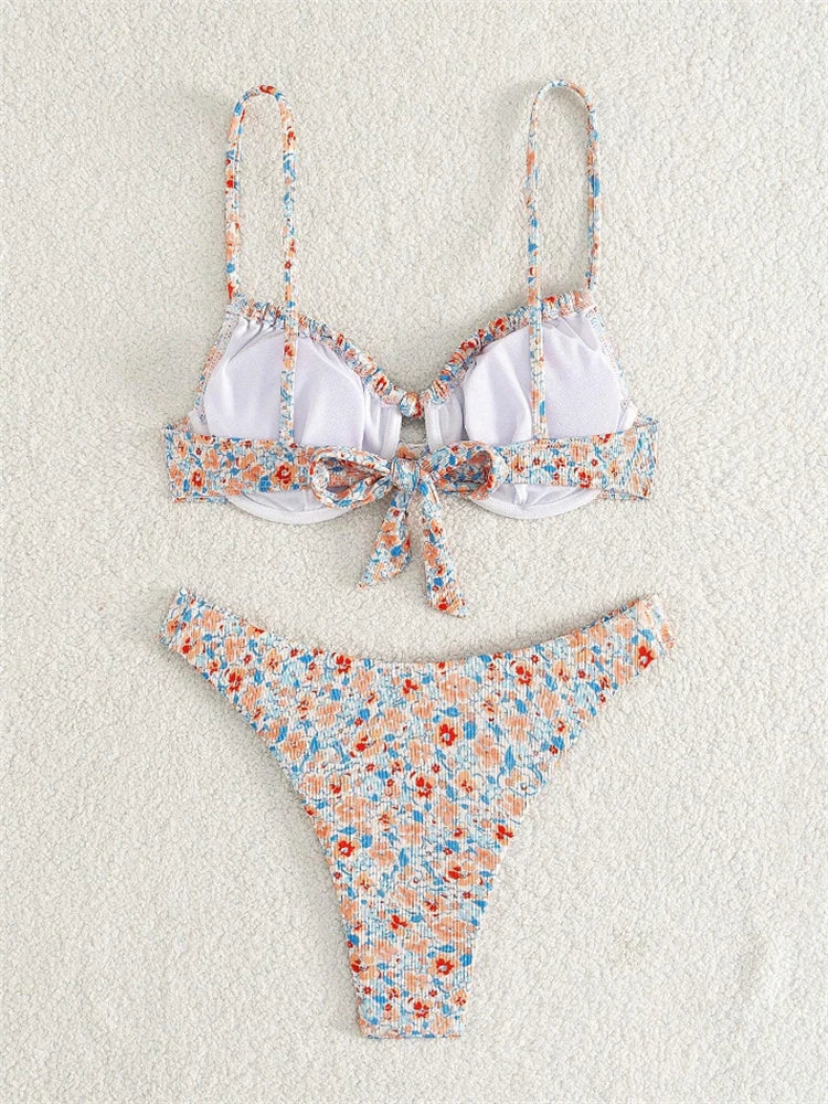 Bikini Femme Maillot de Bain 2025 Nouveau Imprimé Bretelles Ribs Bikinis Ensemble Sexy Culotte Maillot de Bain Été Deux Pièces Tenue de Plage Maillot de Bain Féminin