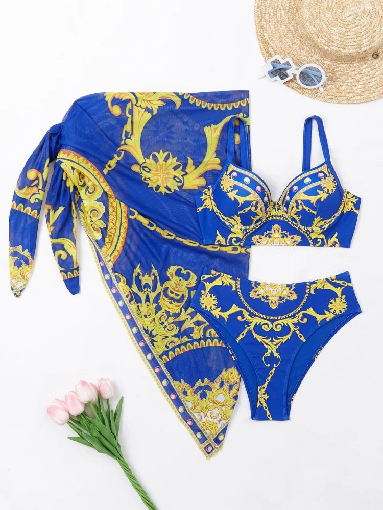 Femmes en bikini Maillot de bain 2025 Nouveau bikini imprimé à encolure halter Ensemble sexy taille haute Maillot de bain trois pièces avec paréo Vêtements de bain féminin