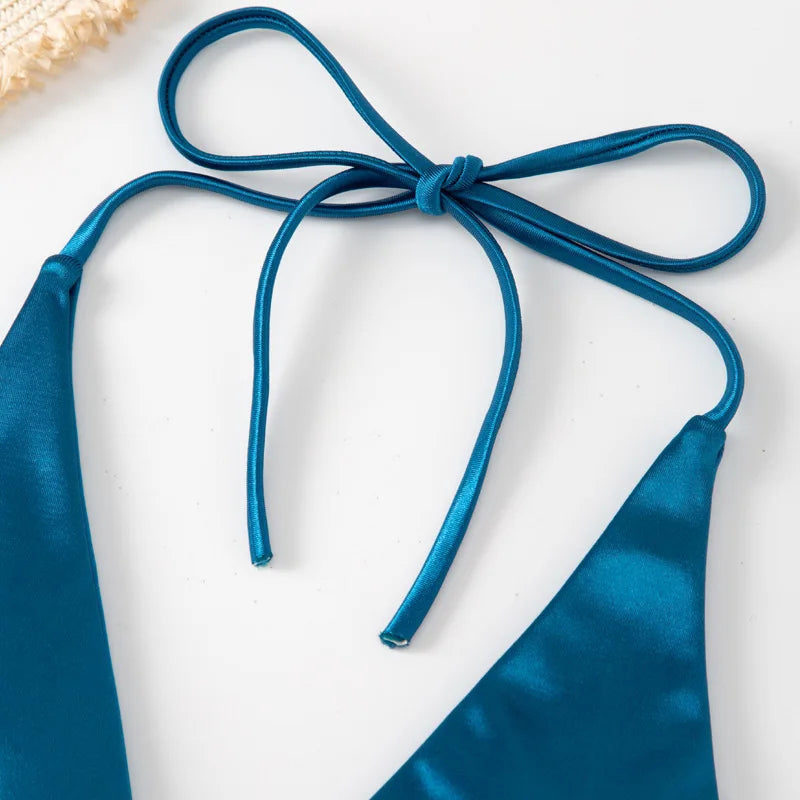 Ensemble de bikini satin métallique brésilien pour femmes, maillot de bain à deux pièces, maillot de bain à taille haute,