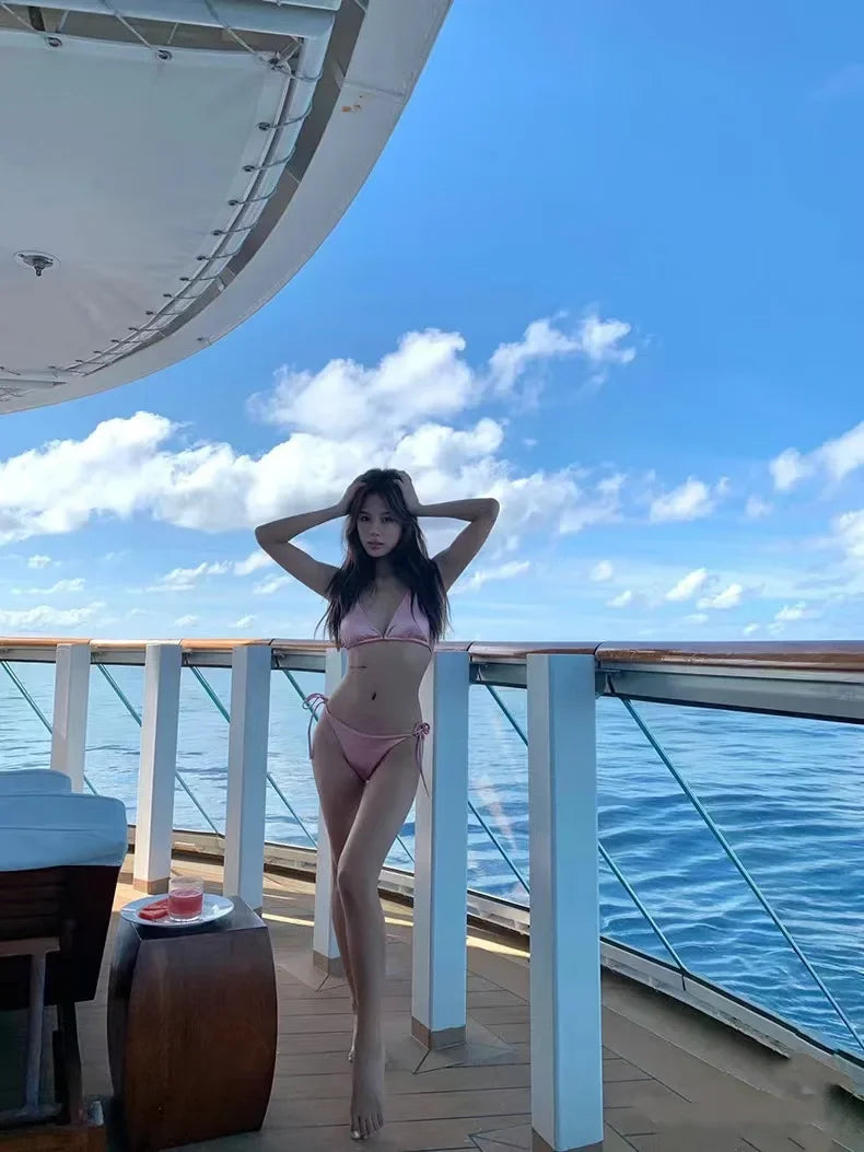 Ensemble de bikini satin métallique brésilien pour femmes, maillot de bain à deux pièces, maillot de bain à taille haute,