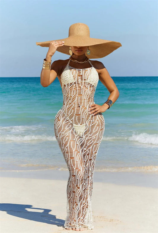 Ensemble de bikini sexy en 3 pièces pour femmes, robe longue de couverture sans dos, en maille à découpe, haut de soutien-gorge noué derrière le cou + maillot de bain culotte.
