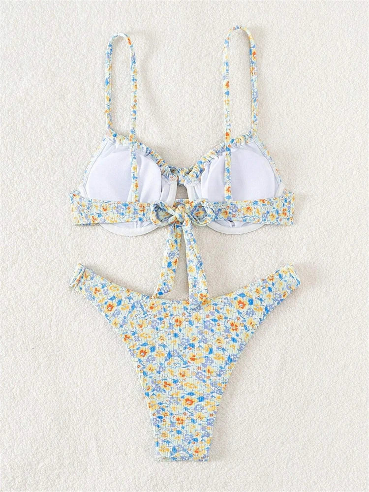 Bikini Femme Maillot de Bain 2025 Nouveau Imprimé Bretelles Ribs Bikinis Ensemble Sexy Culotte Maillot de Bain Été Deux Pièces Tenue de Plage Maillot de Bain Féminin