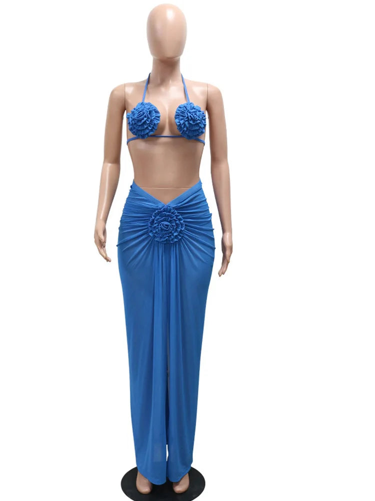 Ensemble de bikini 3 pièces pour femmes Beyprern en bleu royal avec fleur