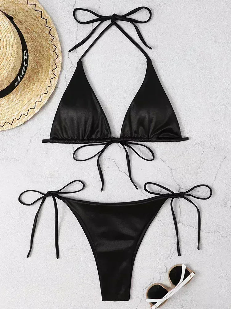 Ensemble de bikini satin métallique brésilien pour femmes, maillot de bain à deux pièces, maillot de bain à taille haute,