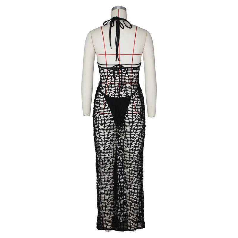 Ensemble de bikini sexy en 3 pièces pour femmes, robe longue de couverture sans dos, en maille à découpe, haut de soutien-gorge noué derrière le cou + maillot de bain culotte.