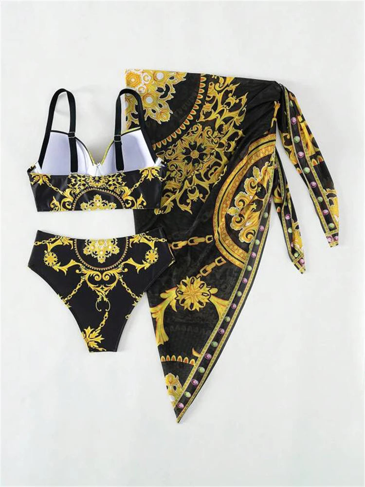 Femmes en bikini Maillot de bain 2025 Nouveau bikini imprimé à encolure halter Ensemble sexy taille haute Maillot de bain trois pièces avec paréo Vêtements de bain féminin