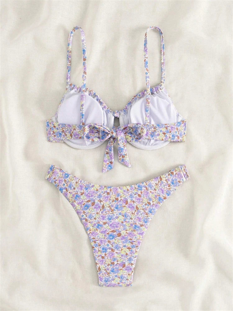 Bikini Femme Maillot de Bain 2025 Nouveau Imprimé Bretelles Ribs Bikinis Ensemble Sexy Culotte Maillot de Bain Été Deux Pièces Tenue de Plage Maillot de Bain Féminin