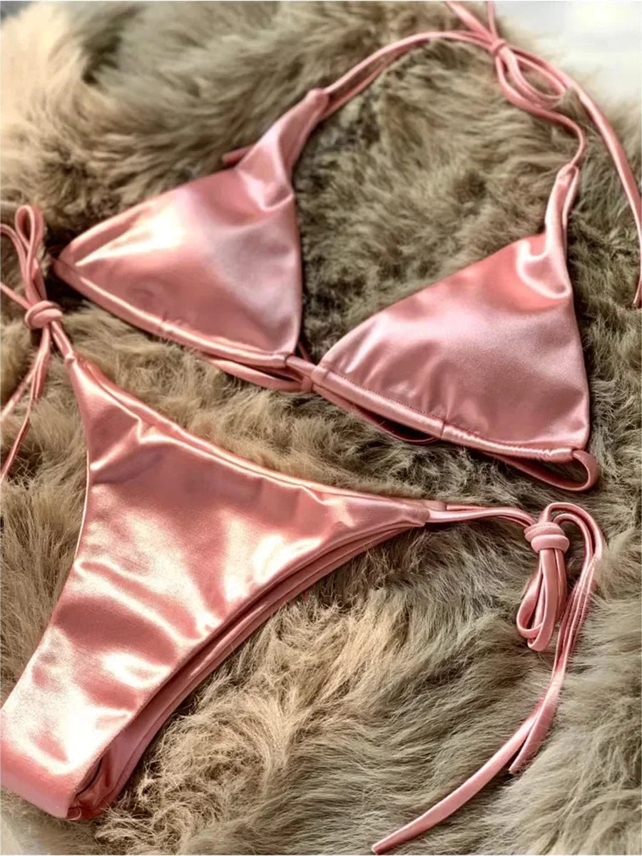 Ensemble de bikini satin métallique brésilien pour femmes, maillot de bain à deux pièces, maillot de bain à taille haute,