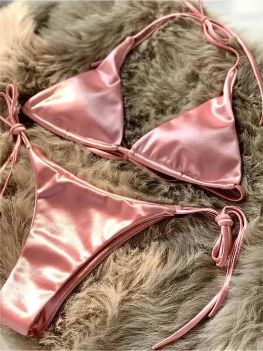 Ensemble de bikini satin métallique brésilien pour femmes, maillot de bain à deux pièces, maillot de bain à taille haute,