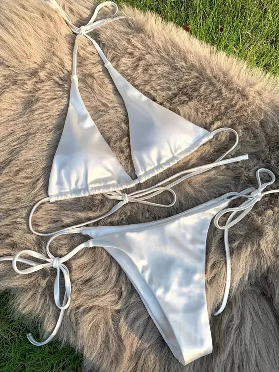 Ensemble de bikini satin métallique brésilien pour femmes, maillot de bain à deux pièces, maillot de bain à taille haute,
