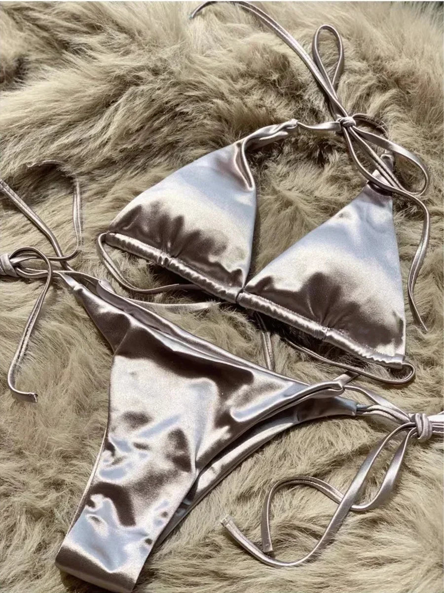Ensemble de bikini satin métallique brésilien pour femmes, maillot de bain à deux pièces, maillot de bain à taille haute,