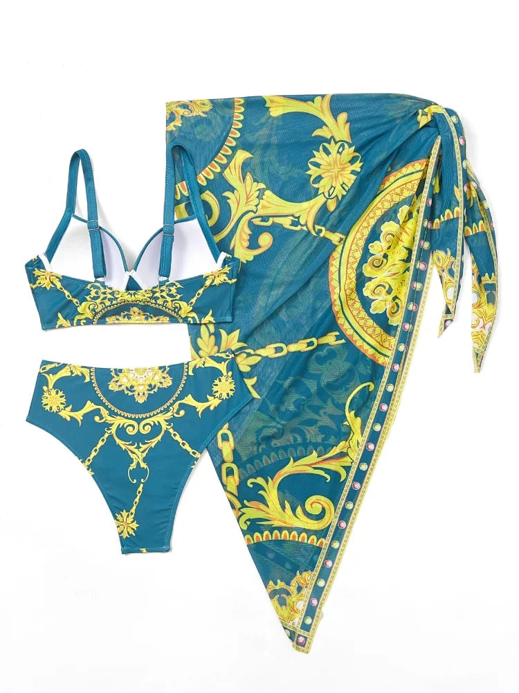 Femmes en bikini Maillot de bain 2025 Nouveau bikini imprimé à encolure halter Ensemble sexy taille haute Maillot de bain trois pièces avec paréo Vêtements de bain féminin