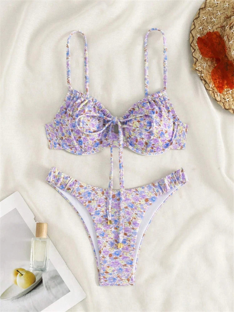 Bikini Femme Maillot de Bain 2025 Nouveau Imprimé Bretelles Ribs Bikinis Ensemble Sexy Culotte Maillot de Bain Été Deux Pièces Tenue de Plage Maillot de Bain Féminin