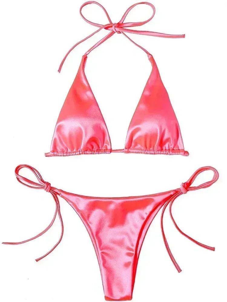 Ensemble de bikini satin métallique brésilien pour femmes, maillot de bain à deux pièces, maillot de bain à taille haute,