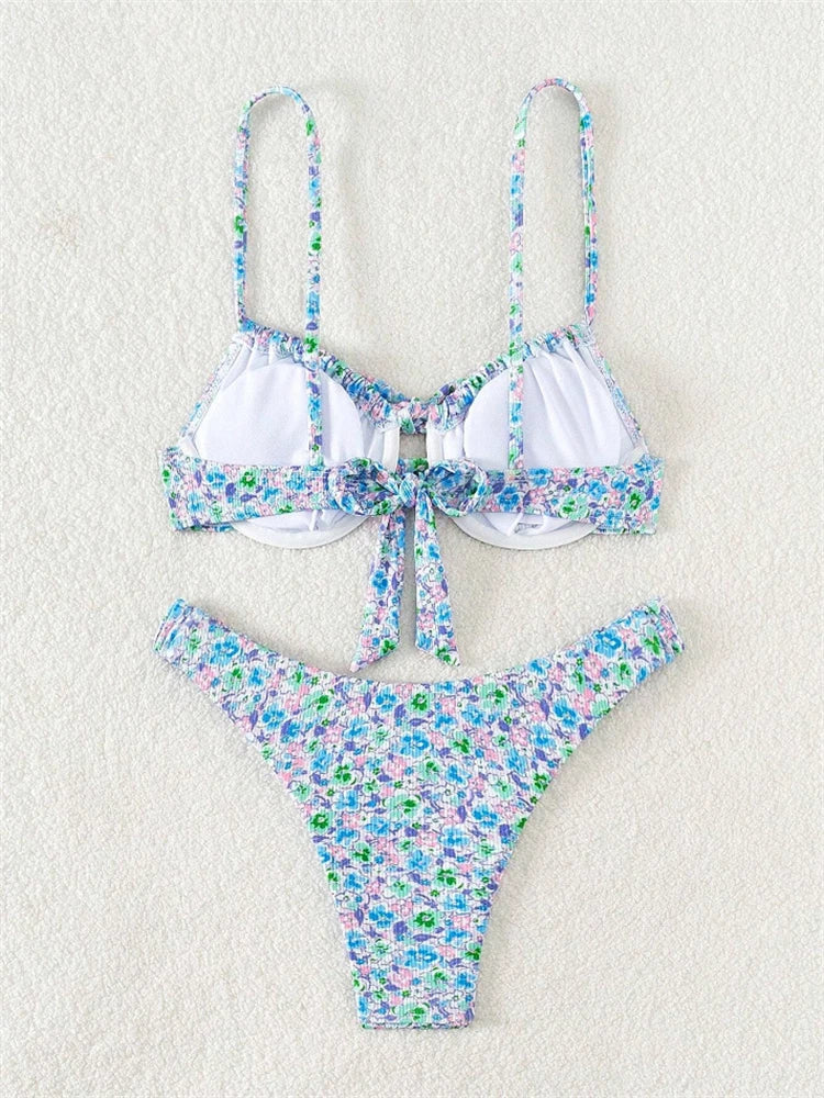 Bikini Femme Maillot de Bain 2025 Nouveau Imprimé Bretelles Ribs Bikinis Ensemble Sexy Culotte Maillot de Bain Été Deux Pièces Tenue de Plage Maillot de Bain Féminin