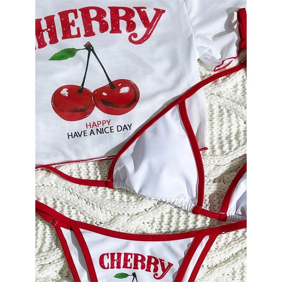 XS - L Maillot de bain pour femmes, bikini à manches courtes imprimé cerise, ensemble de bikini trois pièces,