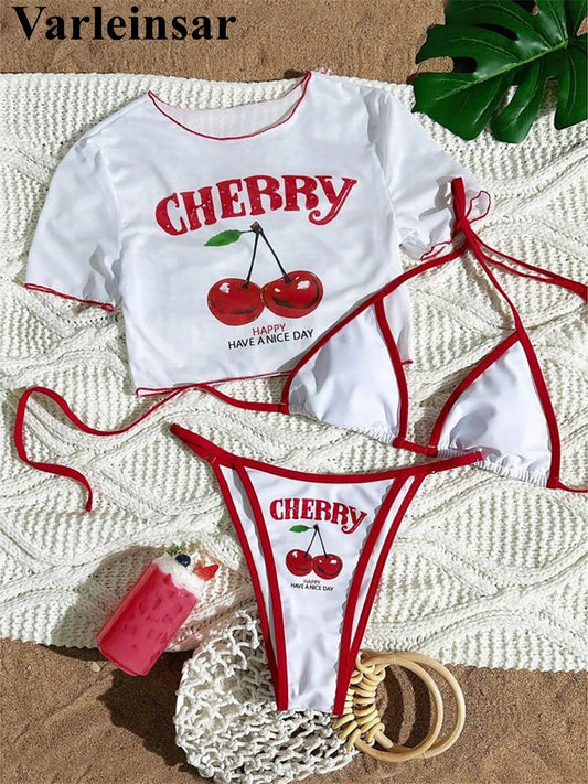 XS - L Maillot de bain pour femmes, bikini à manches courtes imprimé cerise, ensemble de bikini trois pièces,