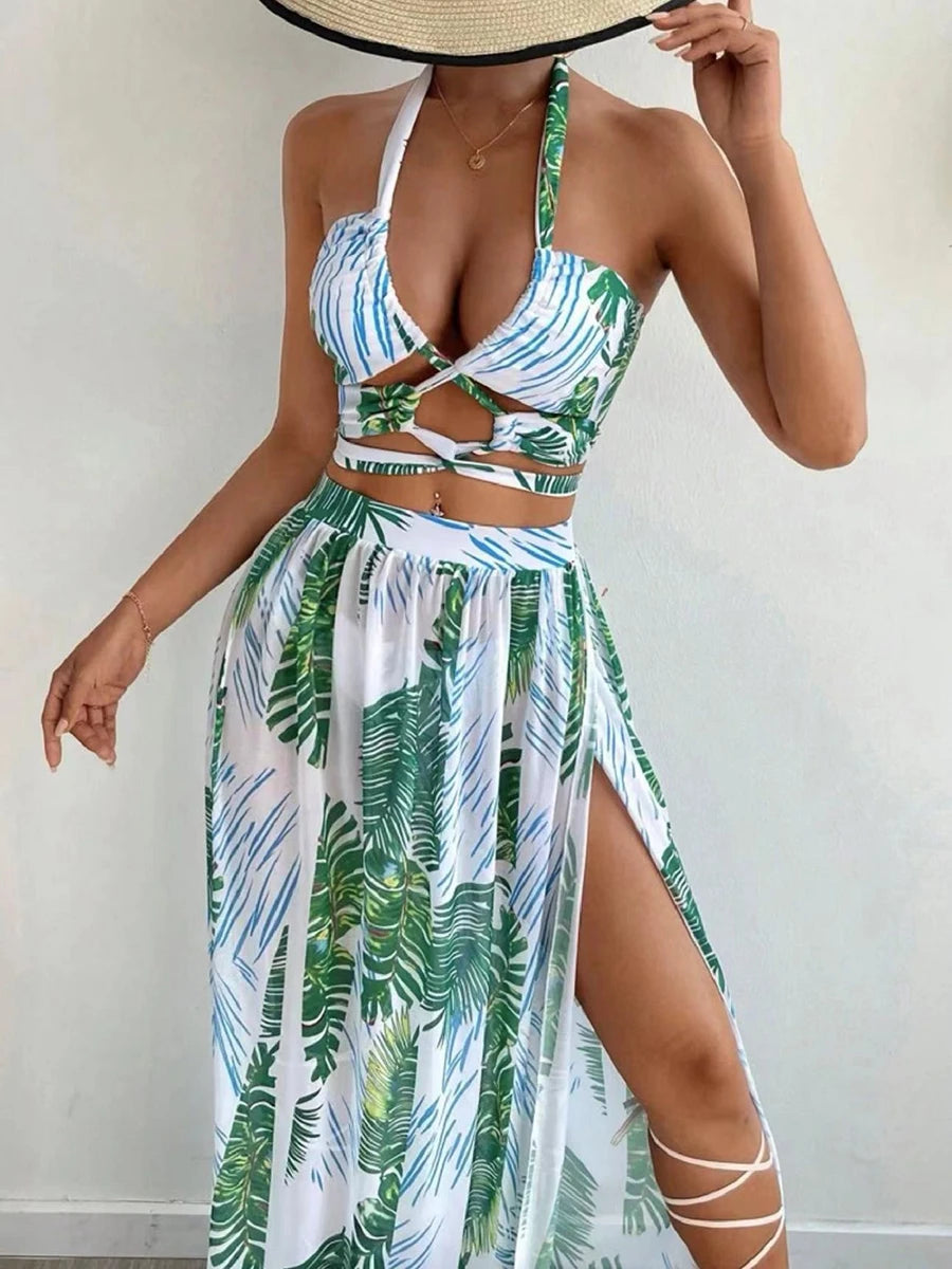 Bikinis 3 pièces Halter 2025 maillot de bain bandage et robe de plage maillots de bain sexy femmes vêtements de bain maillot