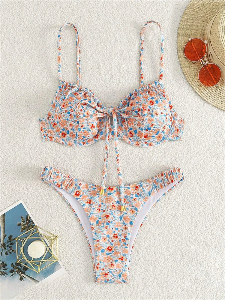 Bikini Femme Maillot de Bain 2025 Nouveau Imprimé Bretelles Ribs Bikinis Ensemble Sexy Culotte Maillot de Bain Été Deux Pièces Tenue de Plage Maillot de Bain Féminin