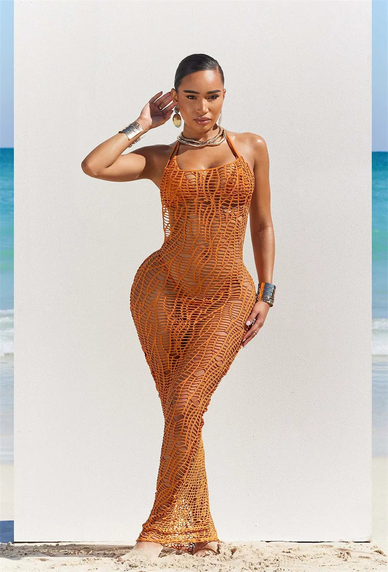 Ensemble de bikini sexy en 3 pièces pour femmes, robe longue de couverture sans dos, en maille à découpe, haut de soutien-gorge noué derrière le cou + maillot de bain culotte.