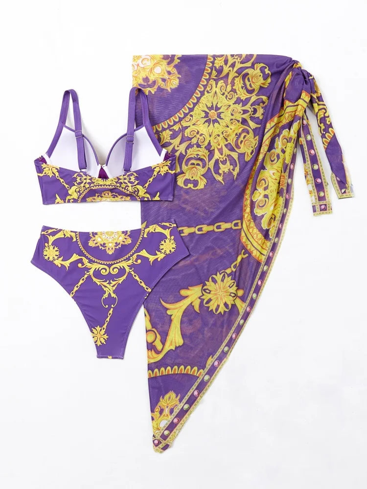 Femmes en bikini Maillot de bain 2025 Nouveau bikini imprimé à encolure halter Ensemble sexy taille haute Maillot de bain trois pièces avec paréo Vêtements de bain féminin
